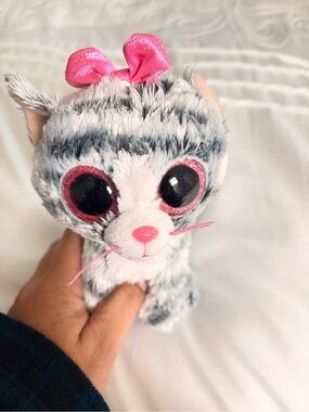 Ty Grey & White Plush Kitty with Pink Bow and Accents